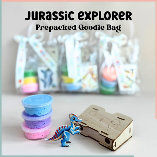 Jurassic Explorer Goodie Bag – Wooden Binoculars, Dino Puzzle & 3pcs Air Dry Clay