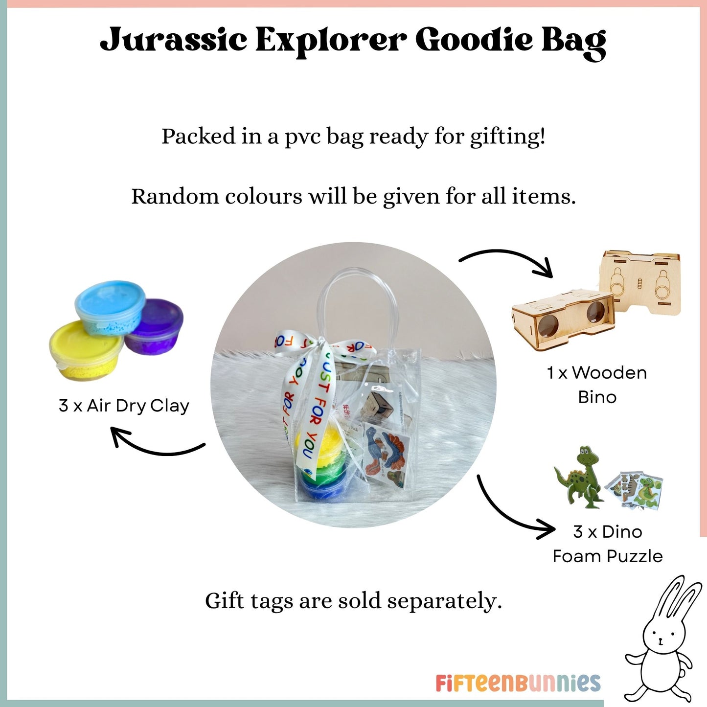 Jurassic Explorer Goodie Bag – Wooden Binoculars, Dino Puzzle & 3pcs Air Dry Clay