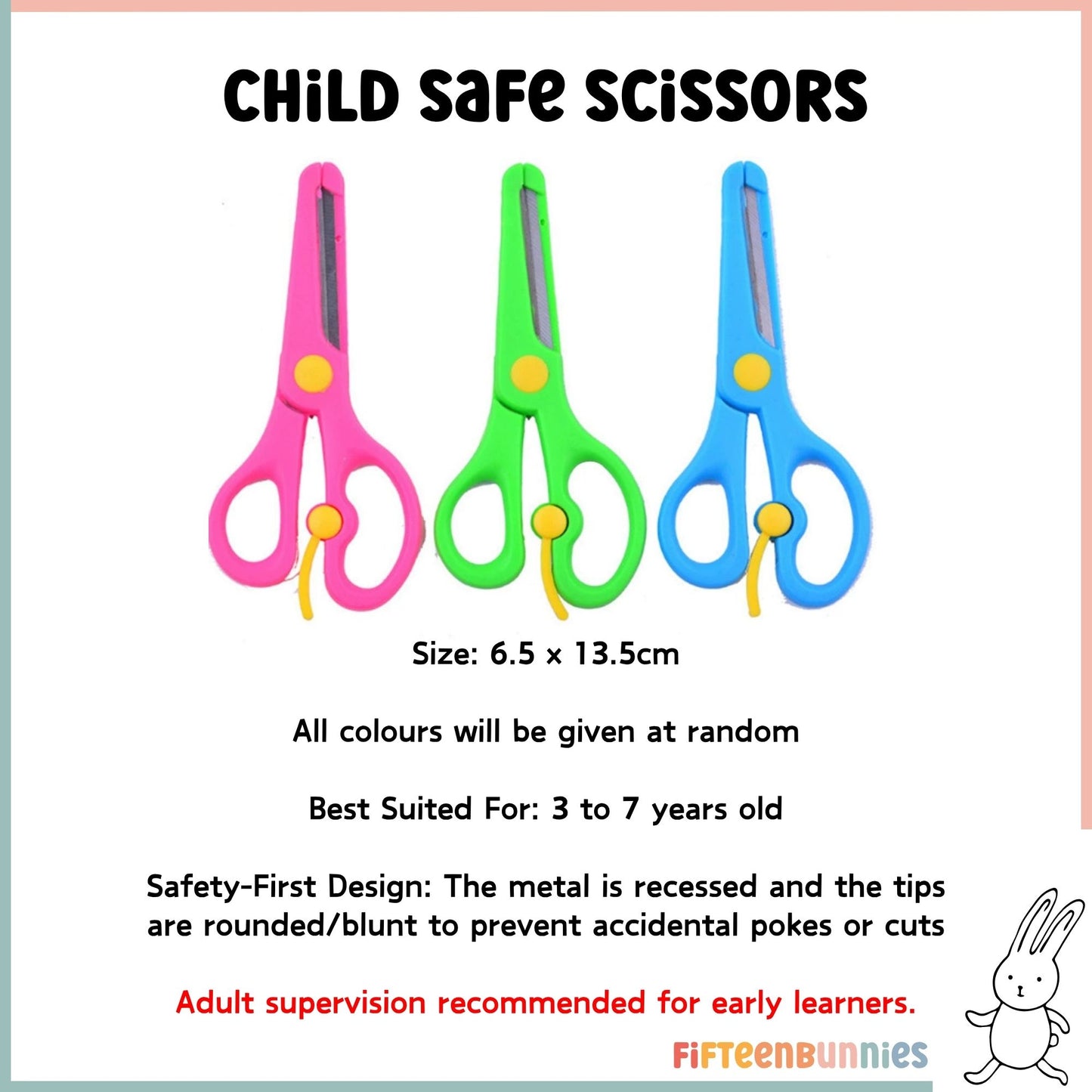 Child-safe training scissors with blue ergonomic handles and rounded blunt tips for preschool kids.