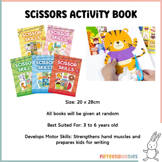 Toddler using safety scissors on paper cutting activity book