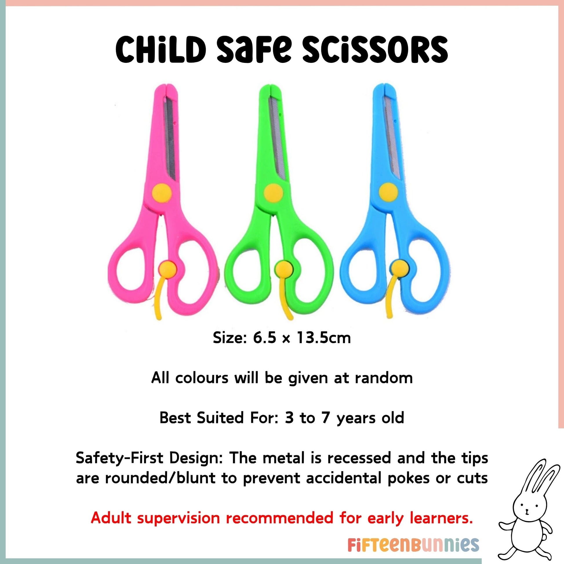 Child-safe training scissors with blue ergonomic handles and rounded blunt tips for preschool kids.